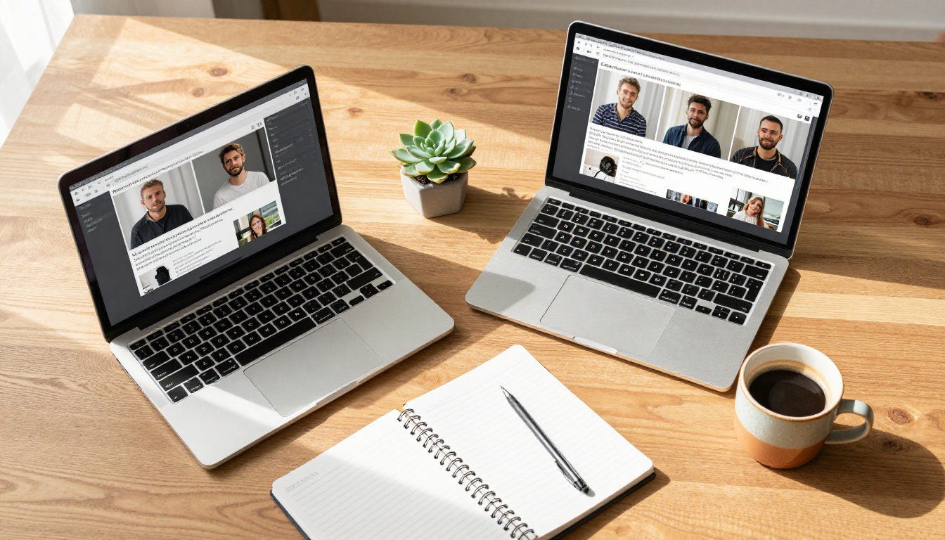 Workspace flat lay showing laptop with background removal interface beside a notebook and coffee