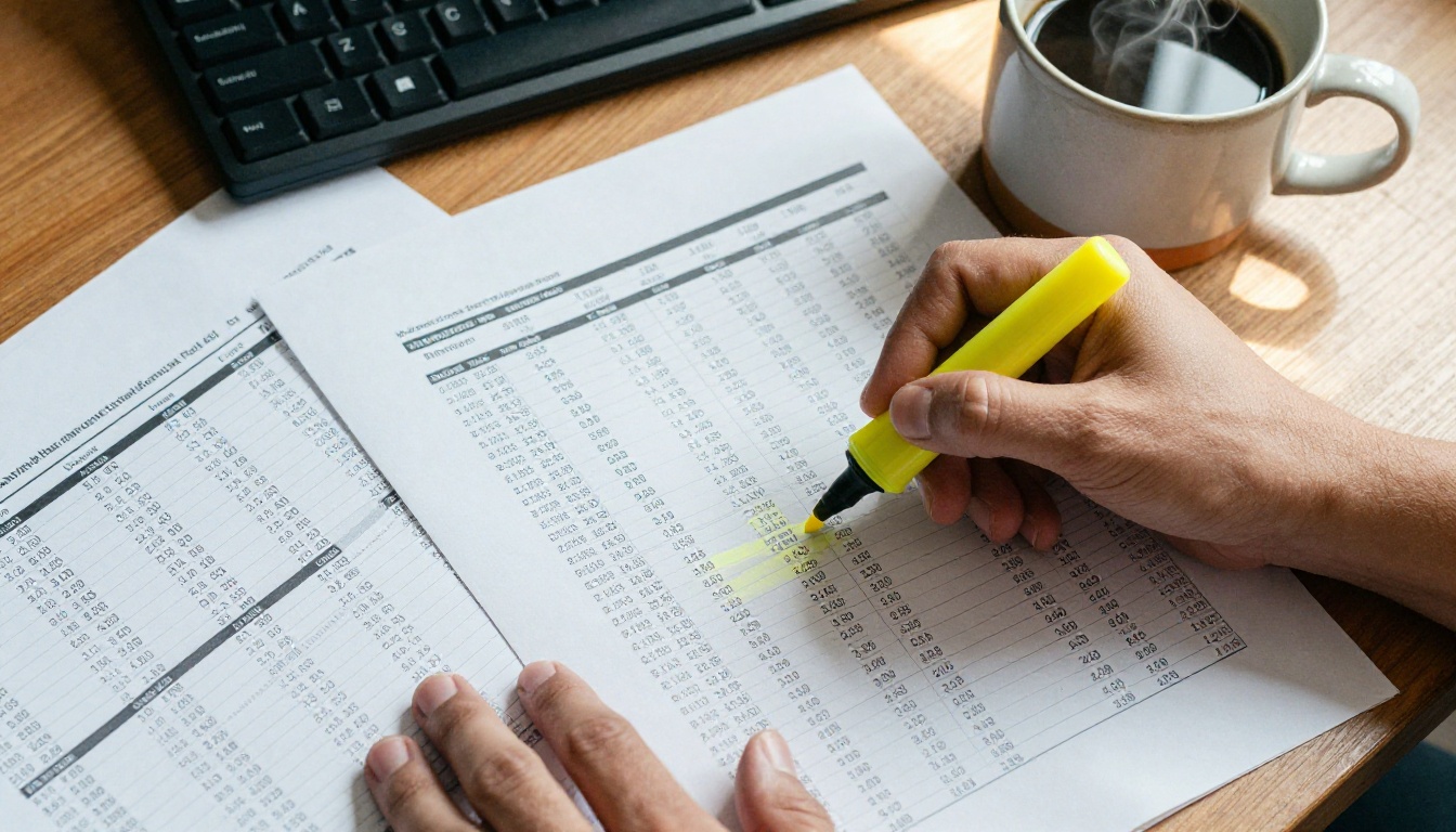 developer reviewing pricing spreadsheets on desk with highlighted rows