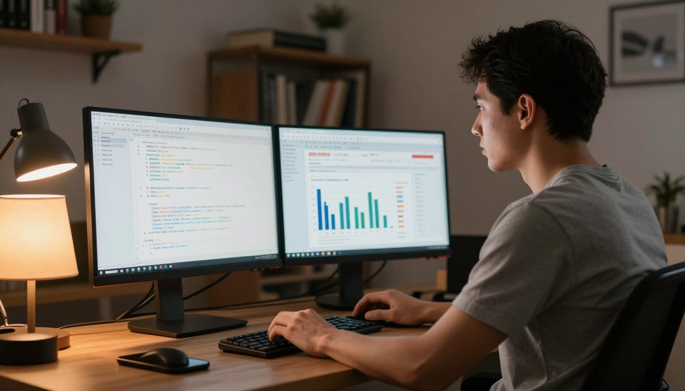 focused software developer at ultrawide monitor with code and pricing charts on screen