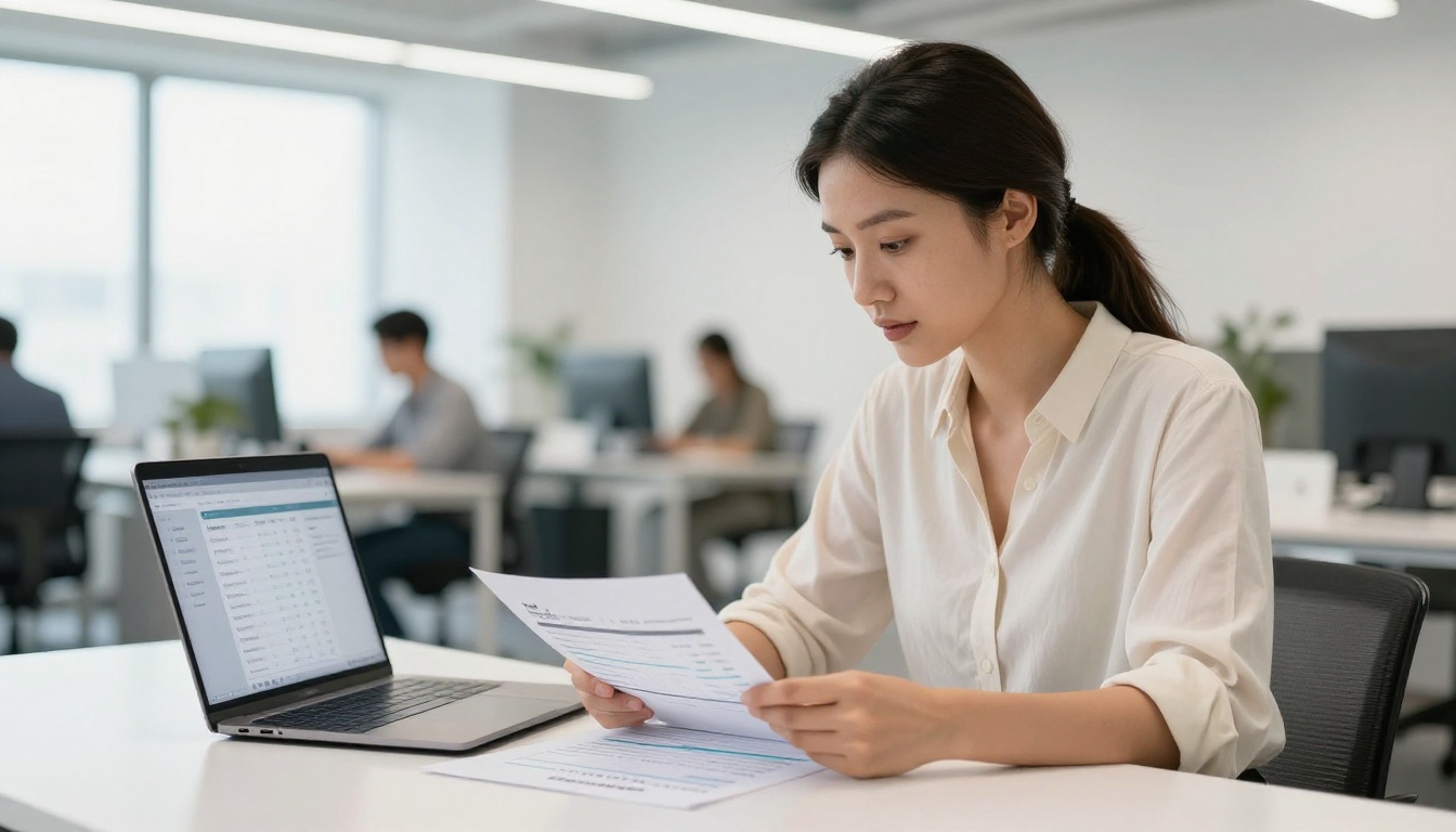 professional woman reviewing budget report at laptop in bright modern office