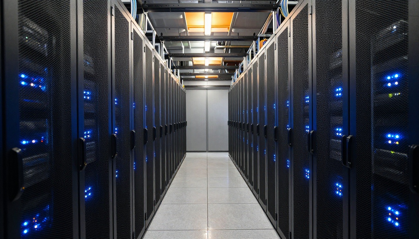 low-angle view of server room corridor with metal racks and cable trays