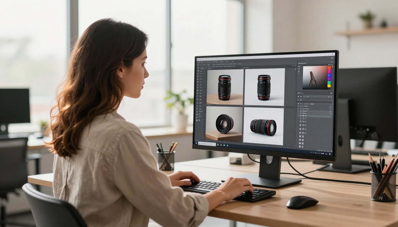 Professional graphic designer reviewing background removal results on a large studio monitor Professional graphic designer reviewing background removal results on a large studio monitor