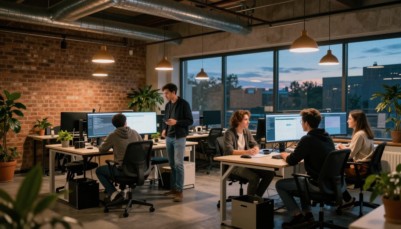 three developers gathered around standing desk with dual monitors in startup office at dusk