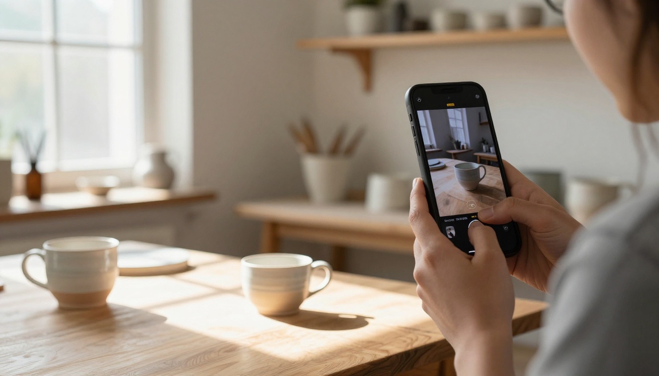 Small business owner in a home studio photographing products and reviewing AI cutout results