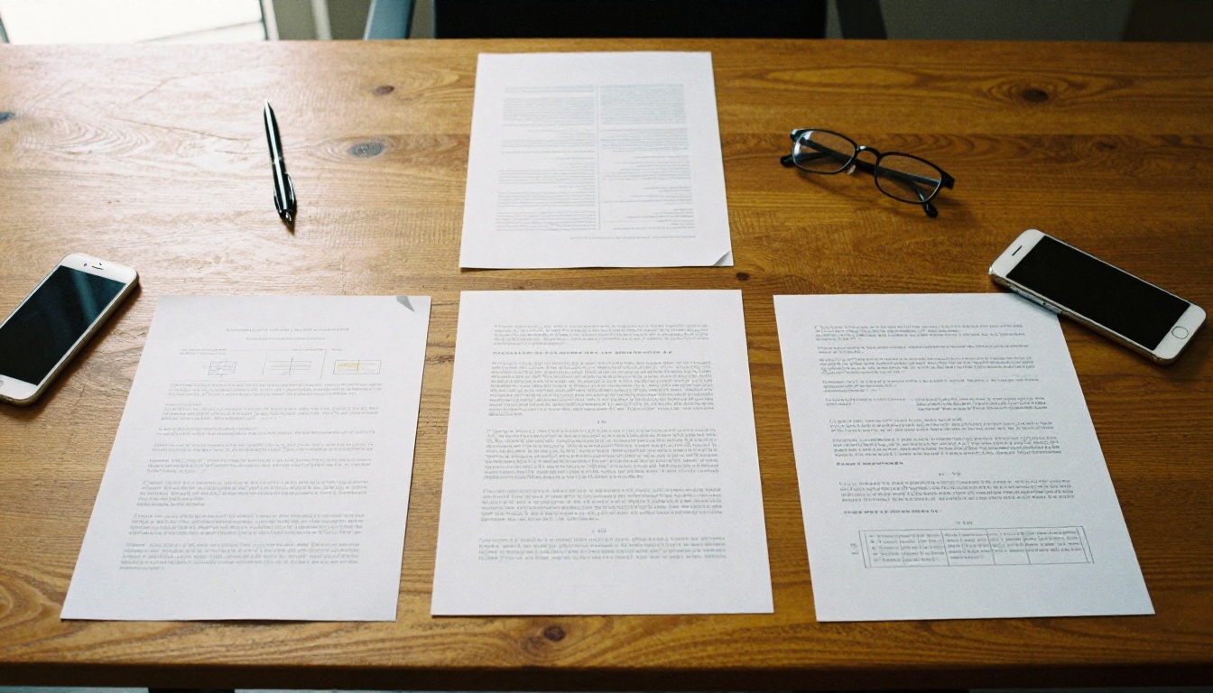 overhead flat lay of printed documents, smartphones, and glasses on wooden conference table