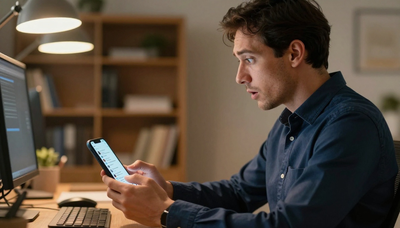 man in business casual holding smartphone with AI chat interface in warm home office