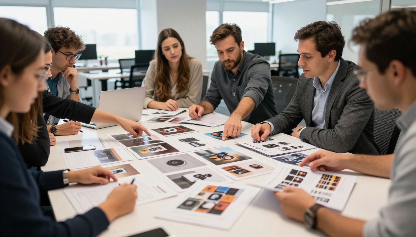 Digital marketing team reviewing clean product catalog photos at a conference table