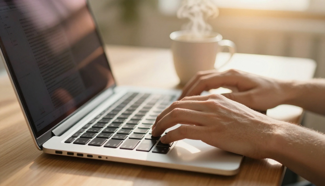 Writer's hands typing on silver laptop keyboard with sci-fi story on screen, golden morning light, steaming coffee mug on oak desk
