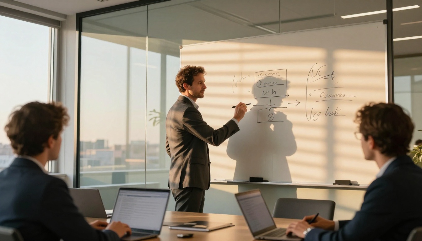CTO presenting strategy diagram at glass whiteboard in corporate meeting room with golden afternoon light