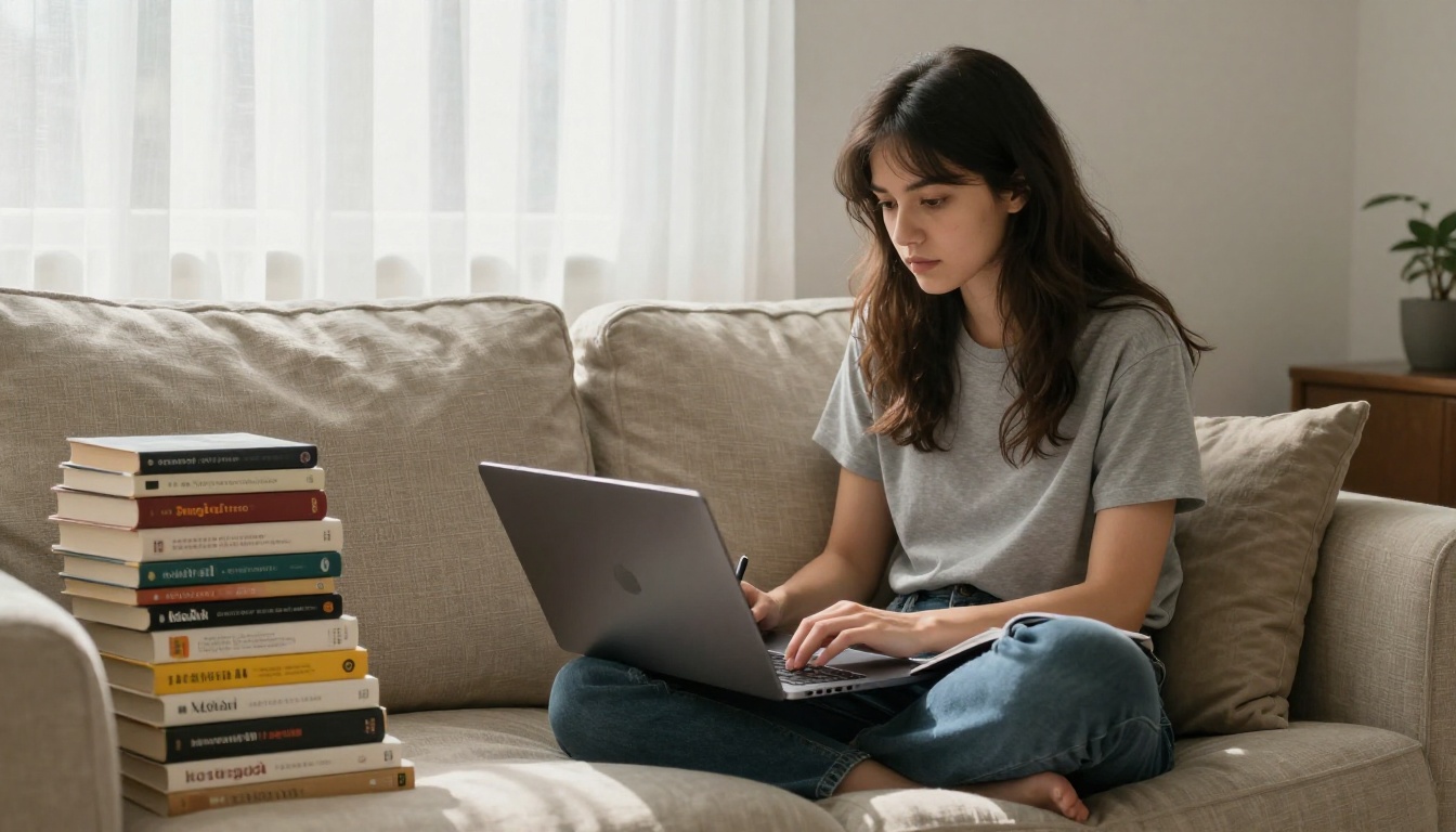Young woman sitting cross-legged on linen sofa with MacBook, writing poetry, soft afternoon light filtering through sheer curtains