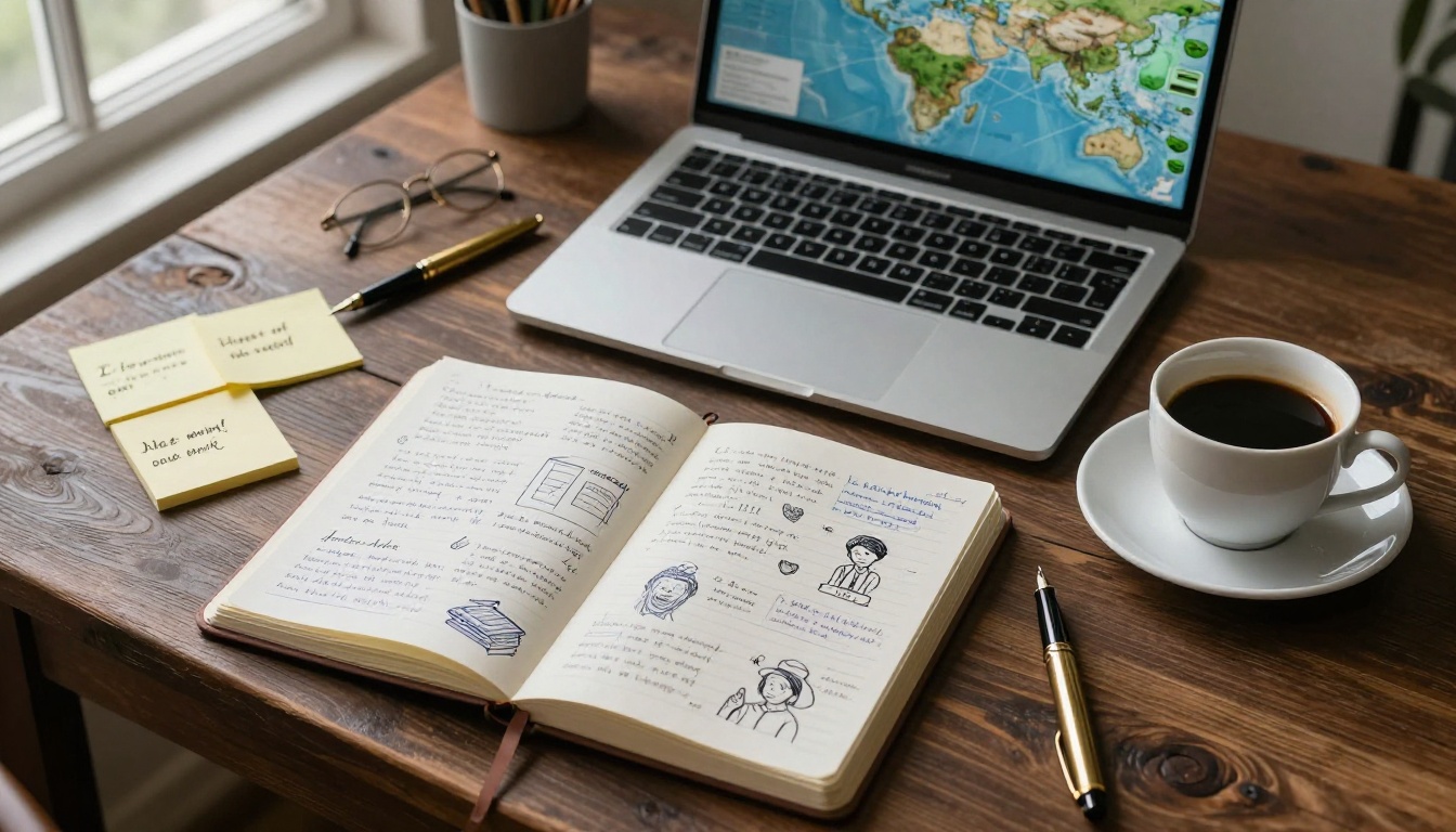 Aerial overhead flat-lay of creative writing workspace with handwritten plot notebook, laptop, vintage brass fountain pen, yellow sticky notes and coffee on dark walnut desk