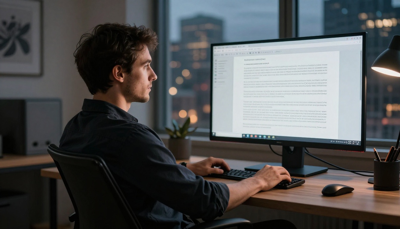 Male writer in his 30s leaning back in black office chair studying fantasy novel draft on wide curved monitor, moody desk lamp, evening city skyline through windows
