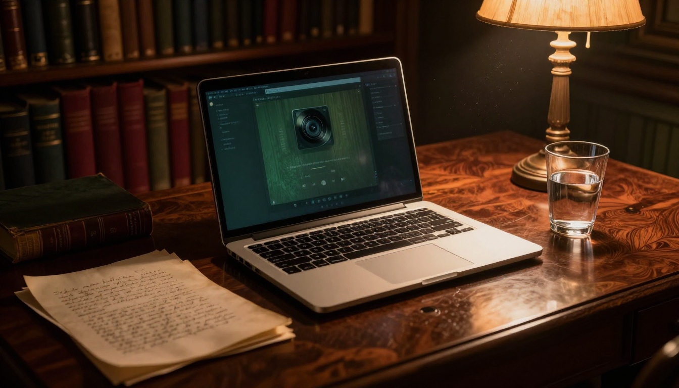 Dimly lit home study lined floor to ceiling with old hardcover books in burgundy and navy, warm incandescent light on antique mahogany desk with open laptop and manuscript page