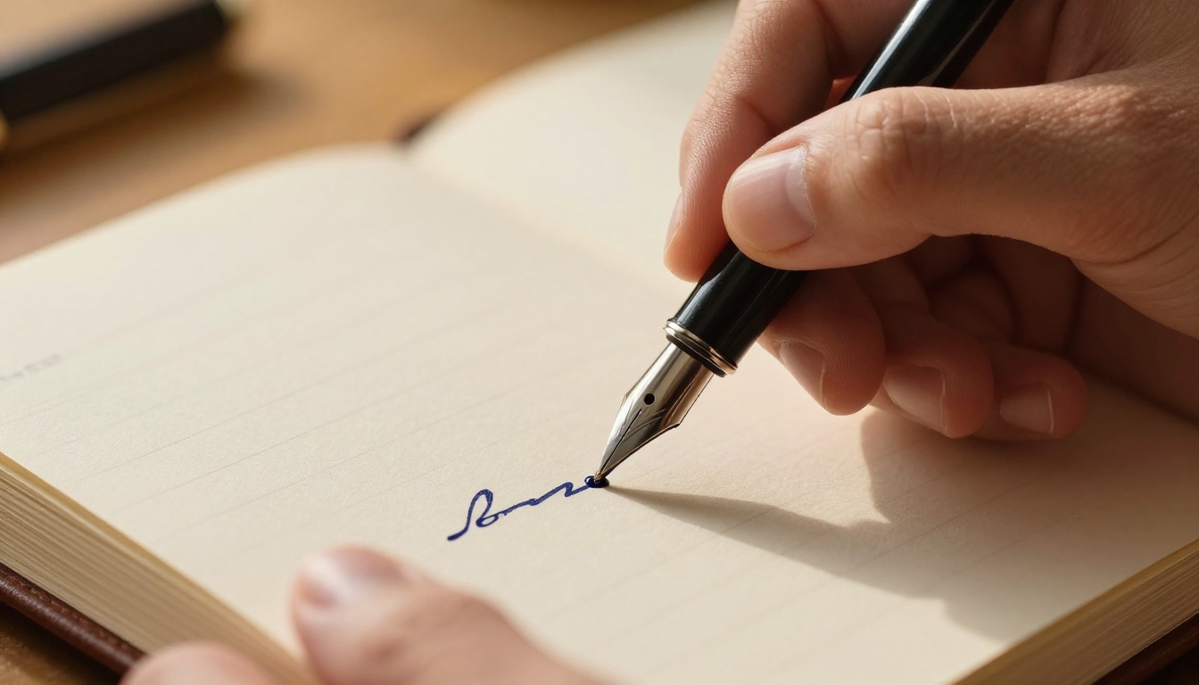 Vintage fountain pen writing flowing script in leather-bound journal, close-up macro shot of dark blue ink on cream fibrous paper, warm backlit morning light