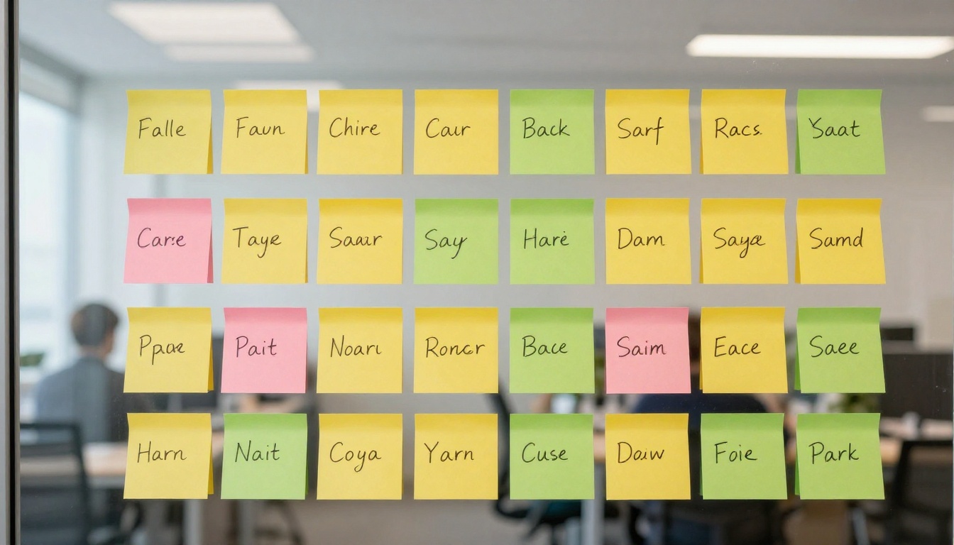 Colorful sticky notes forming a story structure diagram on frosted glass wall in a bright modern office, blurred silhouette of person in background