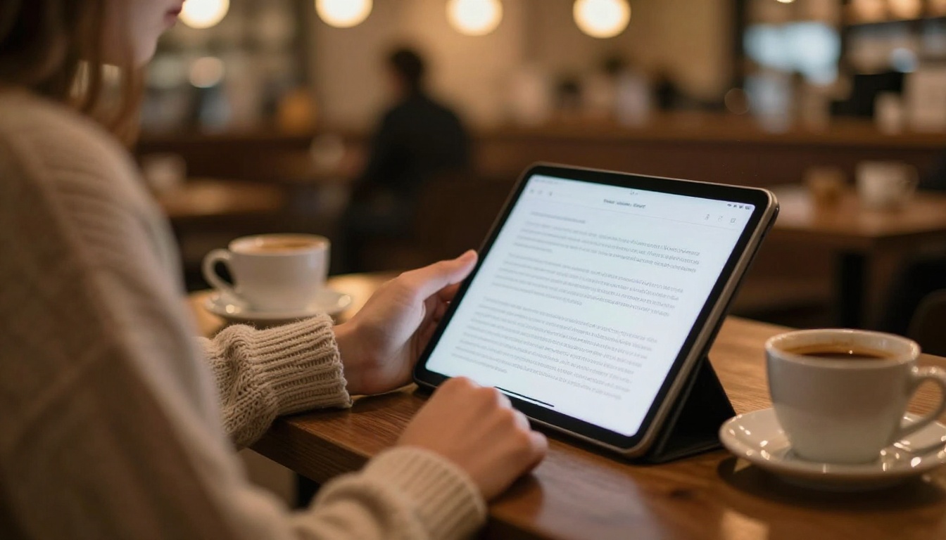 Person in cozy knit sweater reading AI-generated story on tablet in warm coffee shop, soft tungsten lighting, bokeh of patrons behind