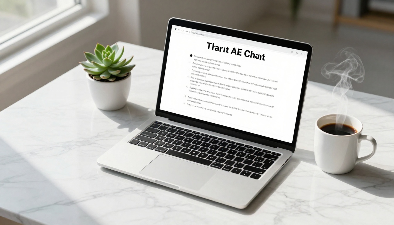 Open laptop on marble desk showing clean AI chat interface, small succulent plant and white ceramic mug with steam, soft angled window light, 45-degree top-down view