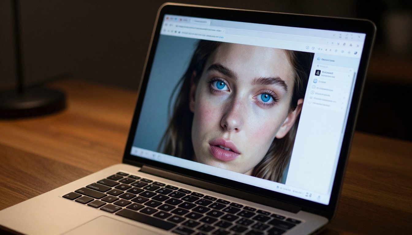 AI image generation on a laptop at golden hour, creative professional workspace