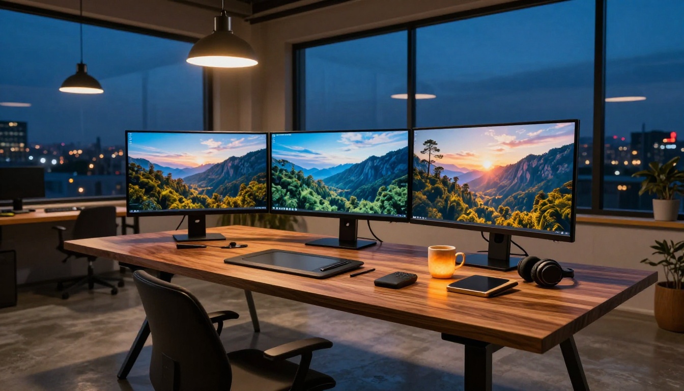 Modern creative studio workspace at dusk with dual ultrawide monitors showing AI-generated imagery