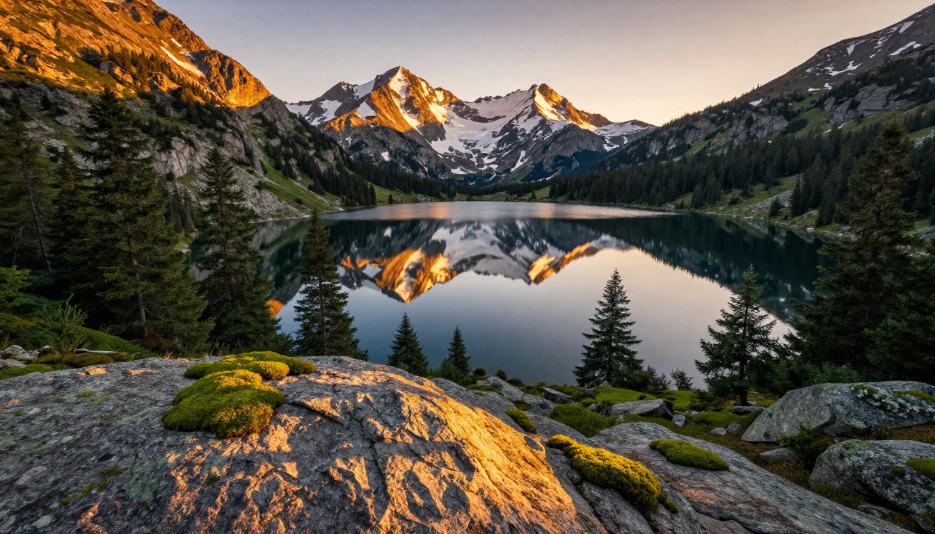 Alpine lake mirroring snow-capped mountains at golden hour, photorealistic aerial photography