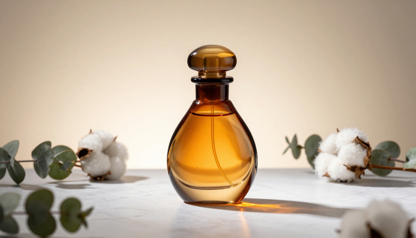 Elegant amber perfume bottle on marble surface with dramatic caustic light patterns, product photography