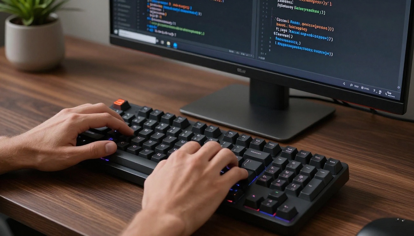 Developer hands on mechanical keyboard with code on dual monitors