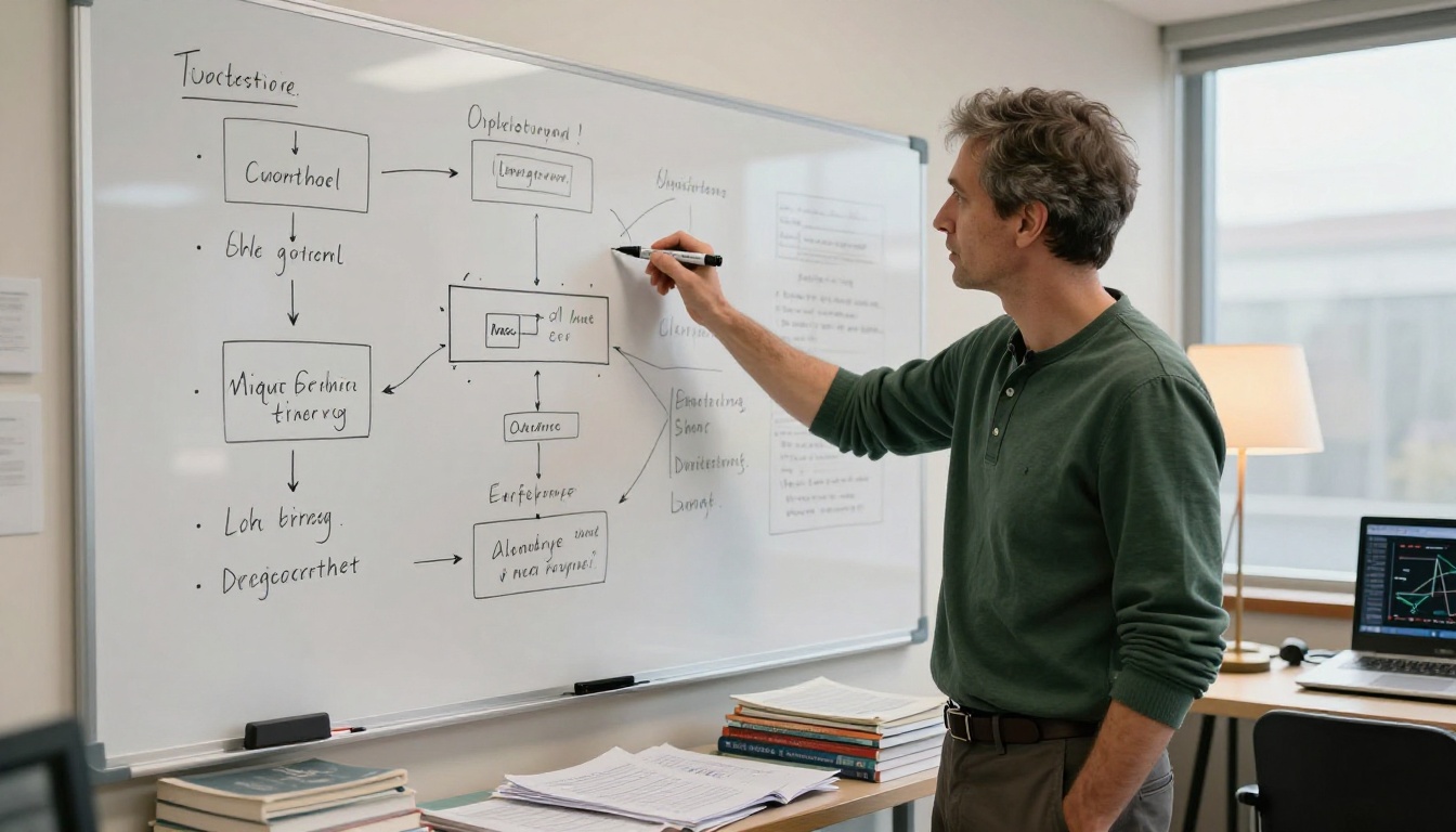 Academic researcher at whiteboard with complex reasoning diagrams