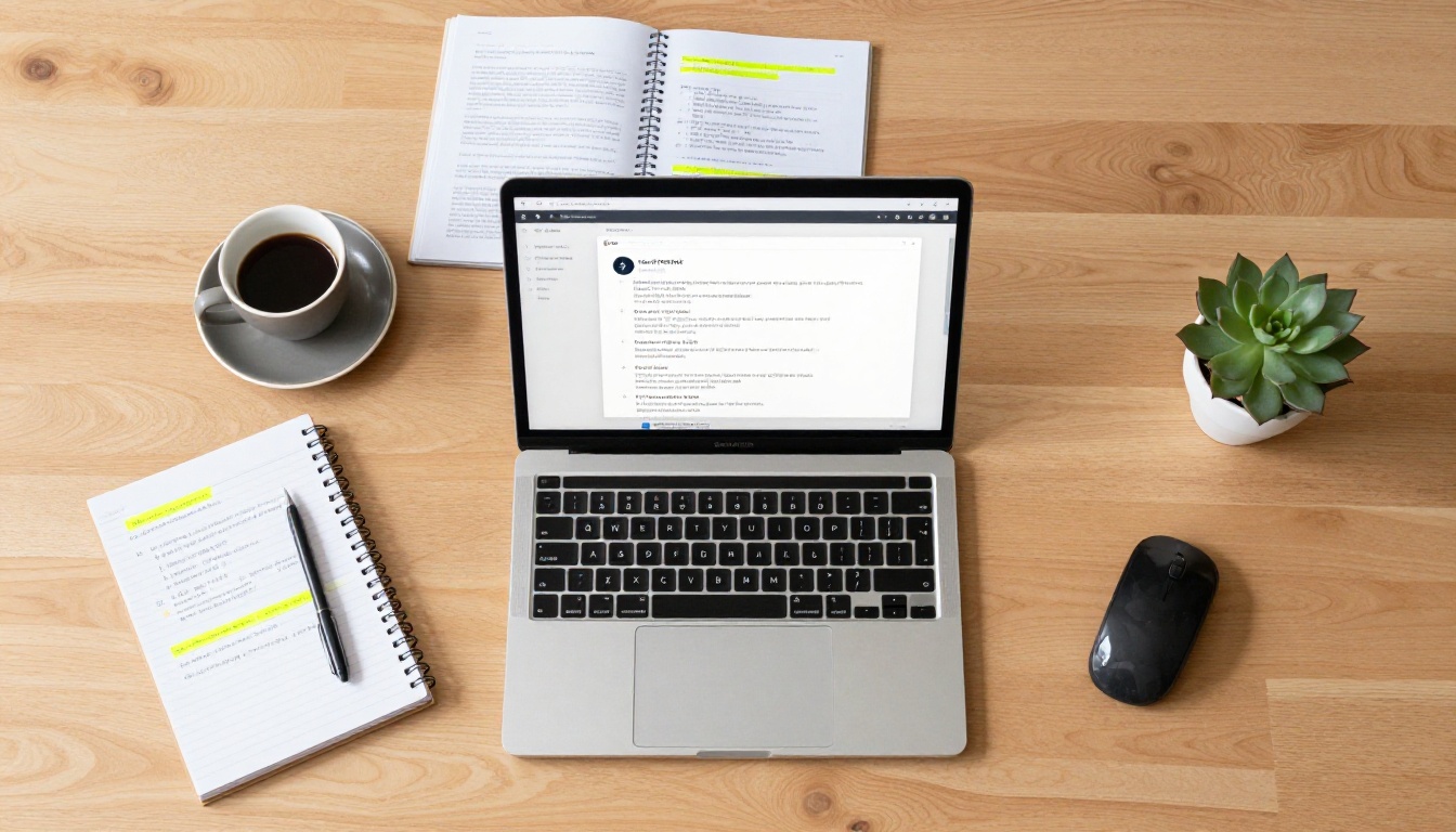 Aerial flat-lay of professional workspace with laptop and research documents