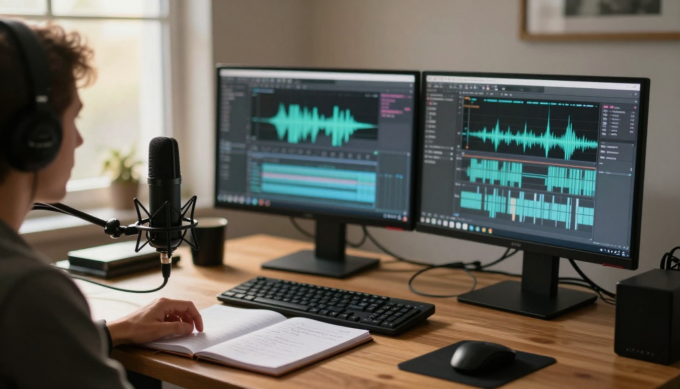 Professional voiceover recording setup with microphone and dual monitors showing waveforms