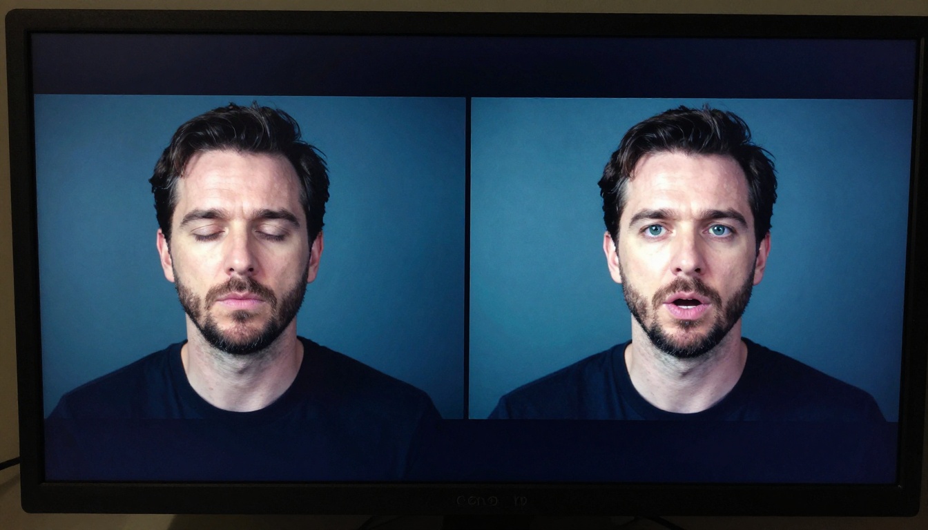 Cinema-grade monitor showing split before and after AI lipsync comparison