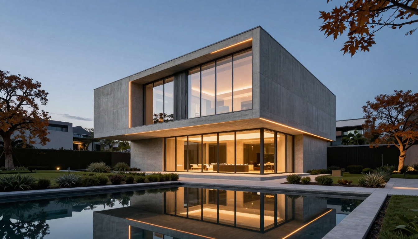 Contemporary residential building at blue hour with reflecting pool, architectural photography