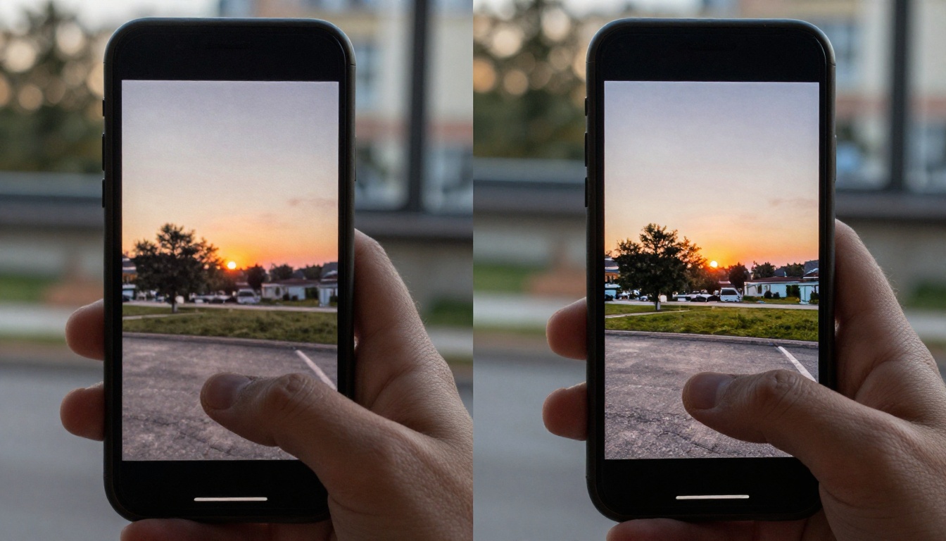 Smartphone showing before and after video quality comparison side by side