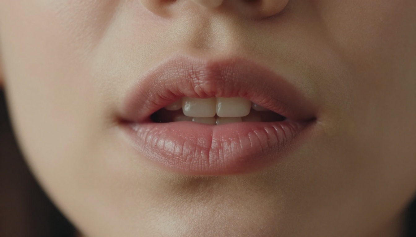 Extreme macro close-up of lips mid-speech with natural skin texture and studio lighting