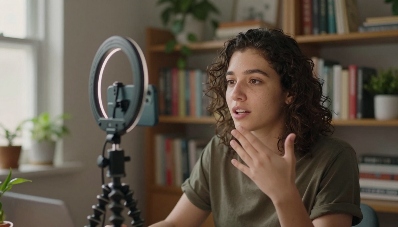 Content creator filming with smartphone and compact ring light in apartment