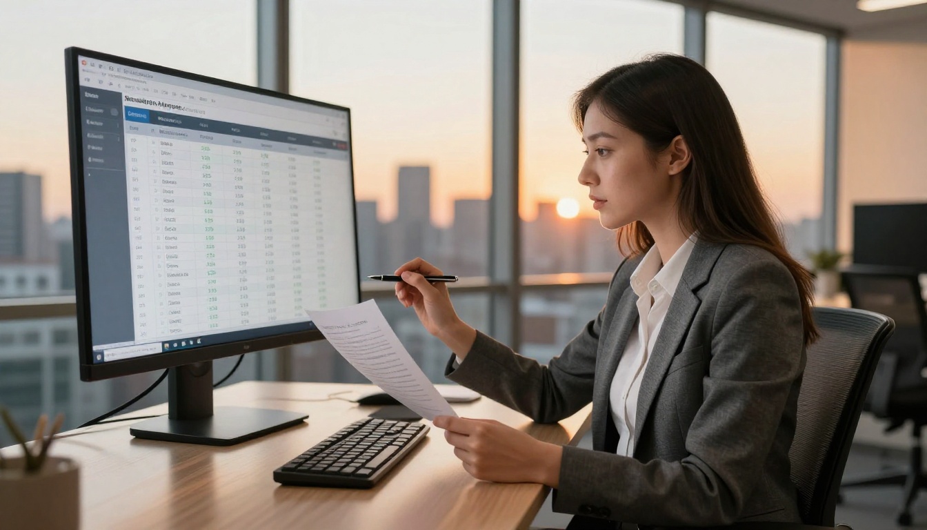 Professional woman reviewing AI benchmark data on large wall-mounted monitor