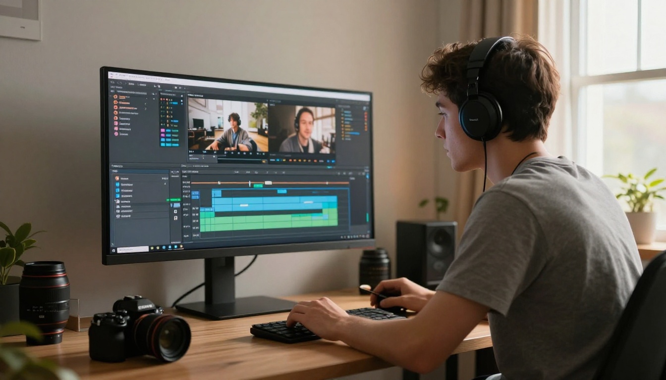 Content creator at a modern standing desk with ultrawide monitor showing video editing software