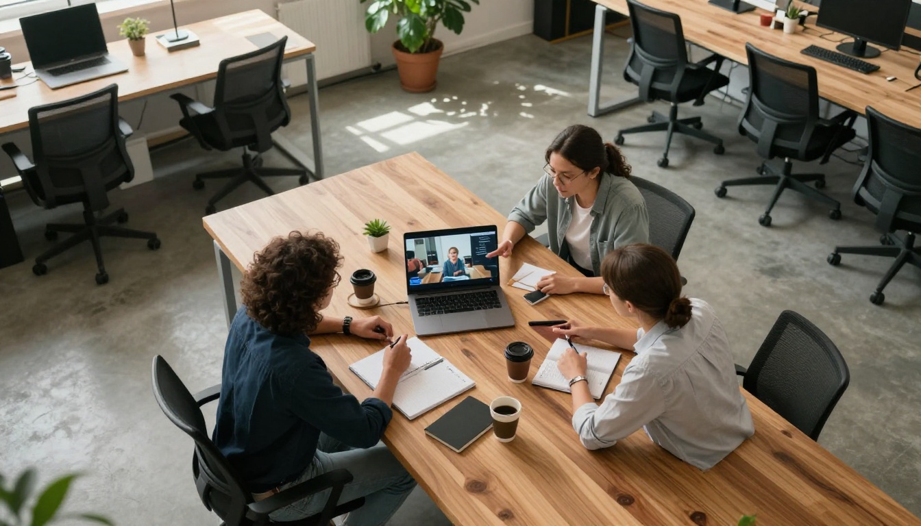 Diverse team viewing dubbed video content on a laptop in a modern open office from overhead