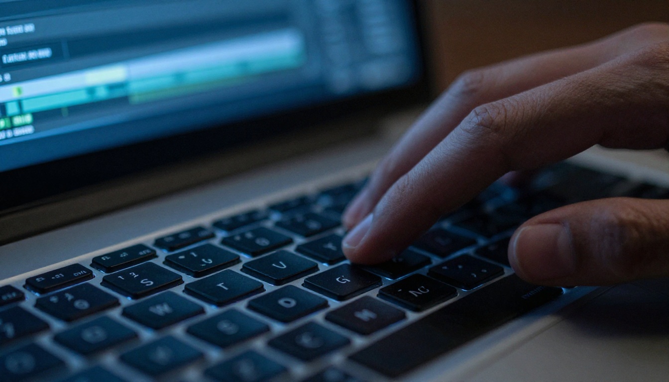 Close-up of laptop keyboard with video editing timeline visible on screen behind