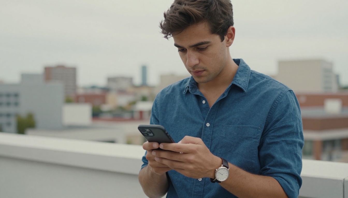 Young professional using smartphone AI on city rooftop