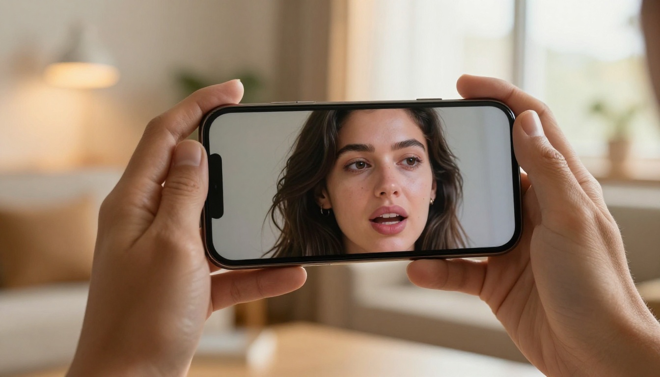Smartphone showing AI-generated talking avatar in landscape orientation with warm background