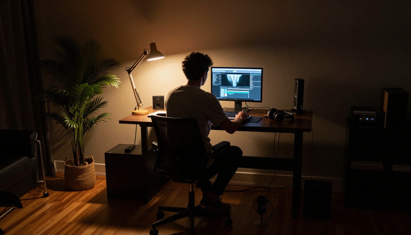 Creator working at minimal night studio setup with dual monitors and headphones