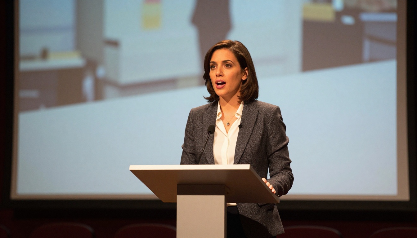 Professional female presenter at a corporate podium with warm amber stage lighting
