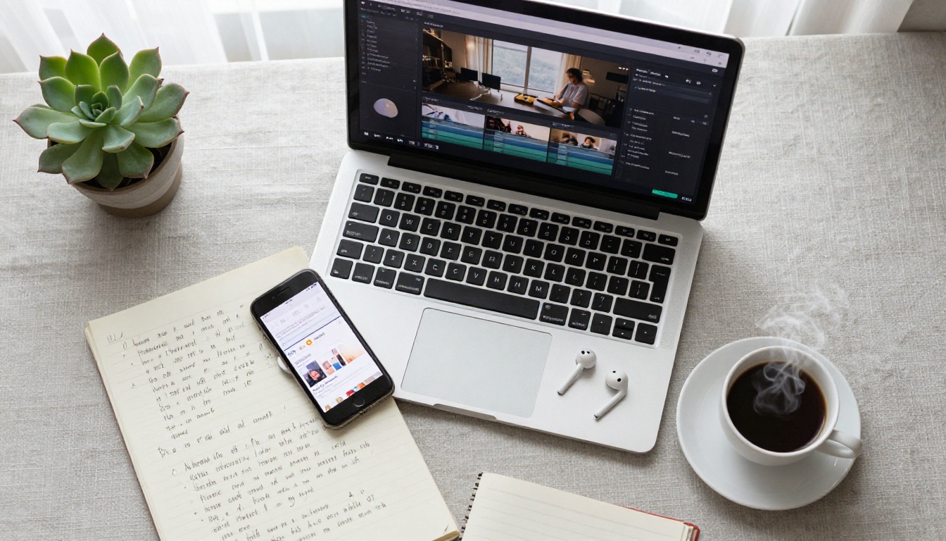 Top-down flat-lay of creative workspace with laptop, smartphone, coffee, and handwritten notes