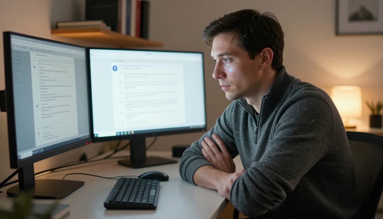 Data scientist focused at curved ultrawide monitor setup reading AI output