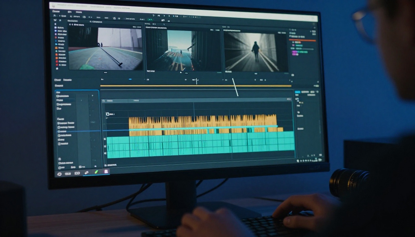 Video editing timeline on a 4K monitor in a dim editing suite with audio waveforms visible