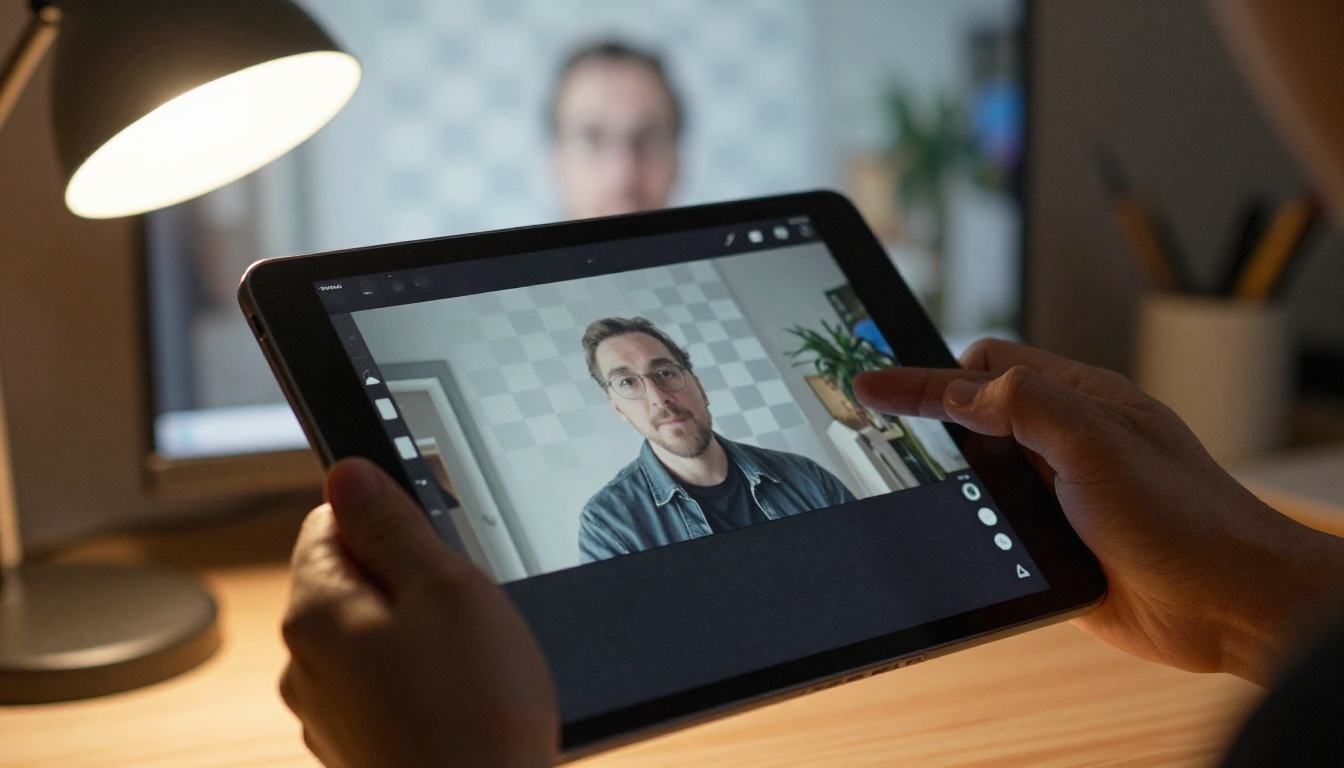 Hands using tablet with video background removal interface in dark workspace