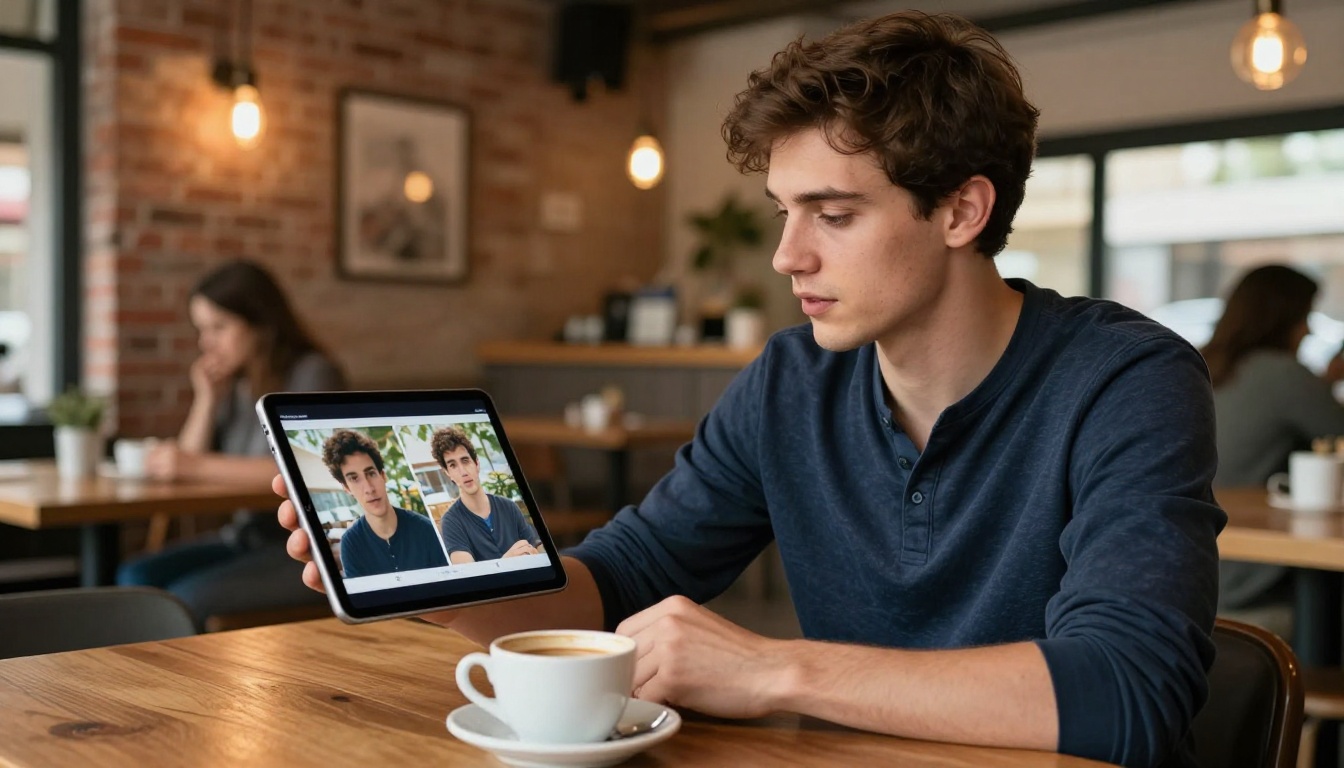 Man in a cafe comparing AI-generated images on a tablet, over-the-shoulder shot