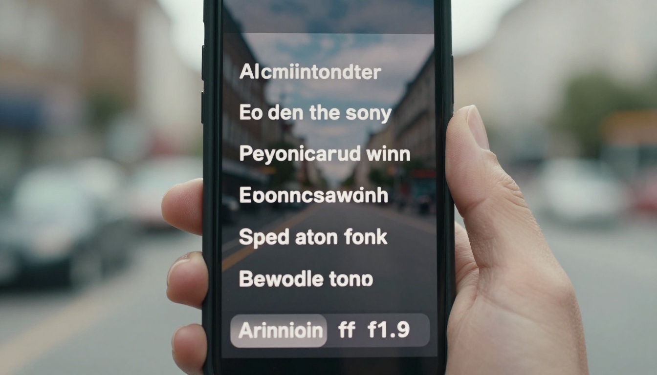 Smartphone held outdoors showing AI-generated captions over a video