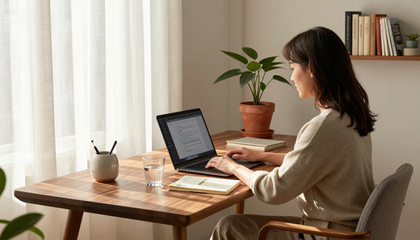 Woman working at laptop in warm sunlit home office
