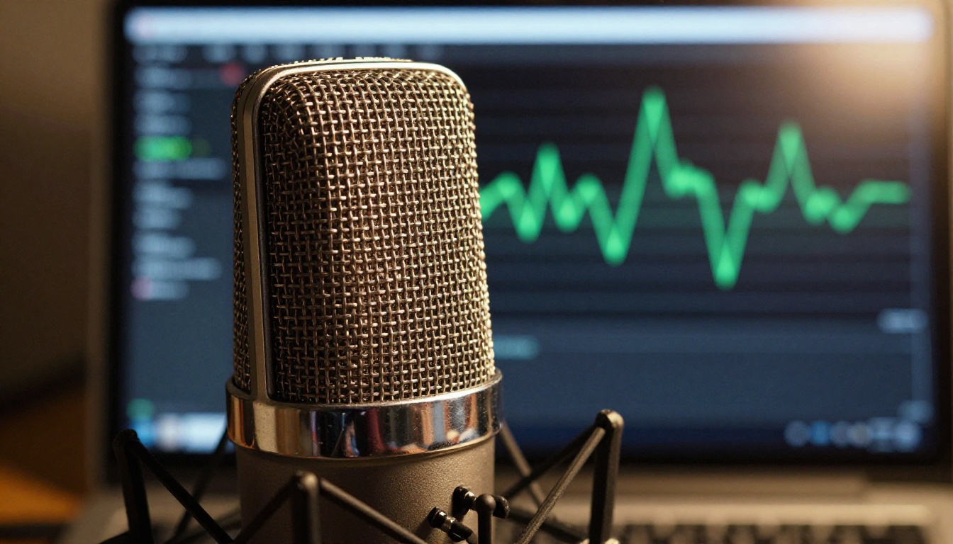 Studio microphone close-up with waveform display in background